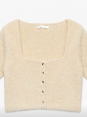 Salty Plush Square-Neck Button Front Sweater Cardigan - Cream